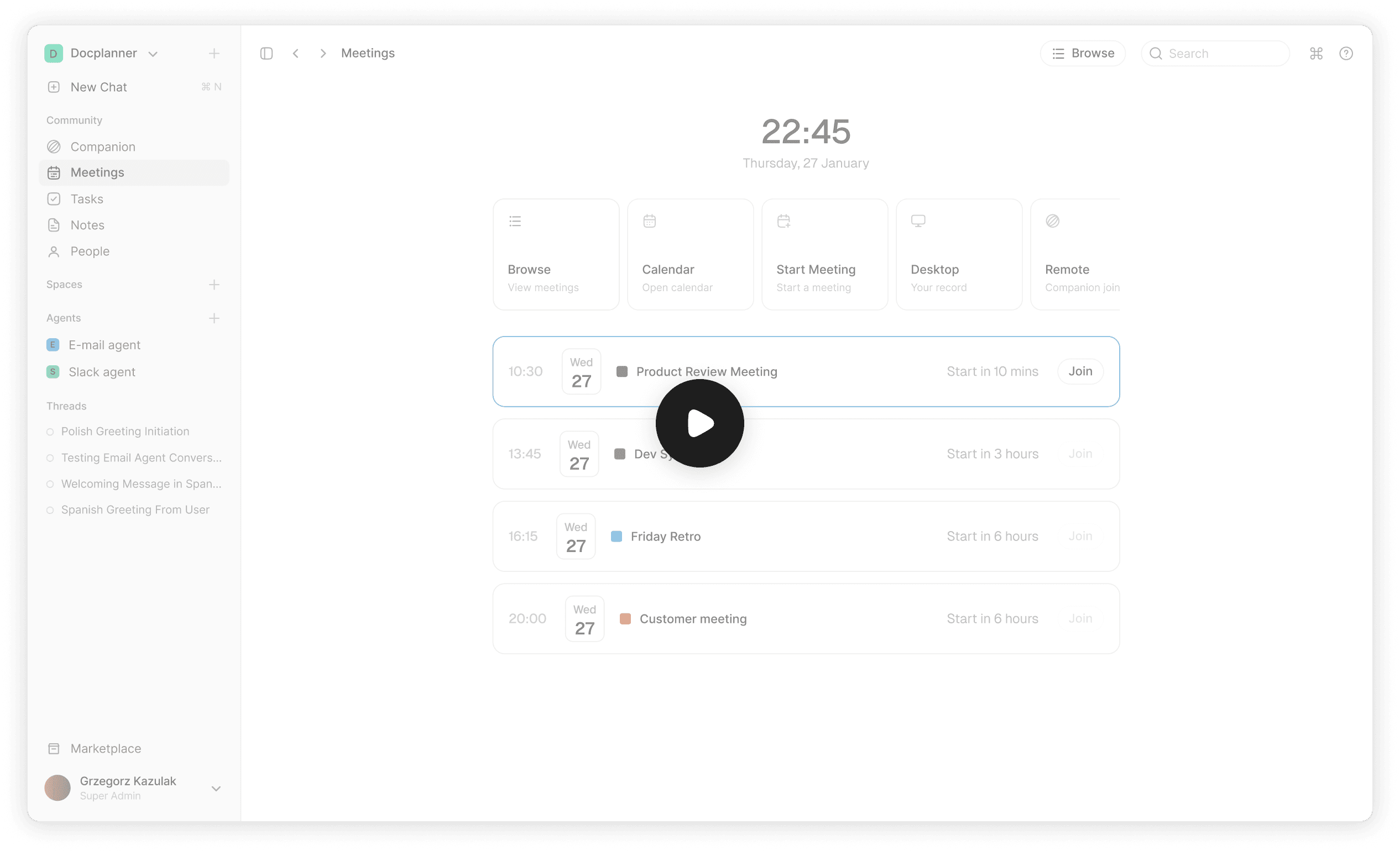 The Harmony app showing today's upcoming meetings